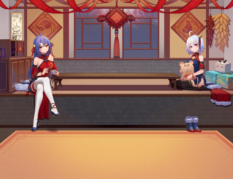 Two Anime Girls on a Bench — Red