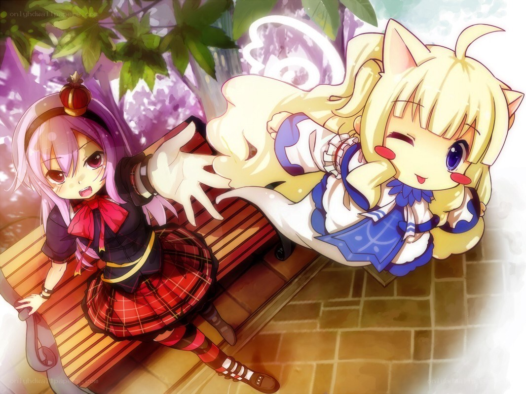 Two anime girls on a bench