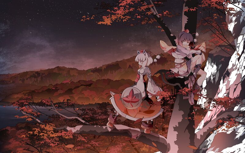 Two Anime Girls on a Branch — Red