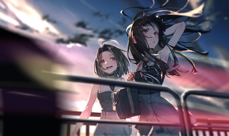 Two Anime Girls on a Bridge — Blue, Dramatic, Sunset