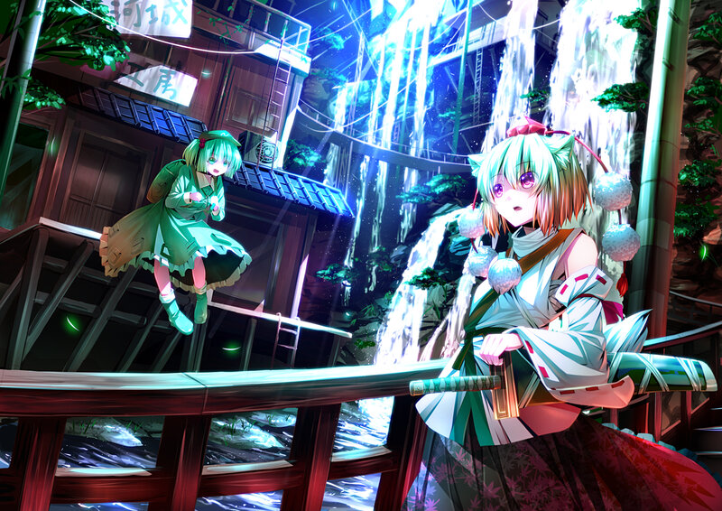 Two Anime Girls on a Bridge — Green