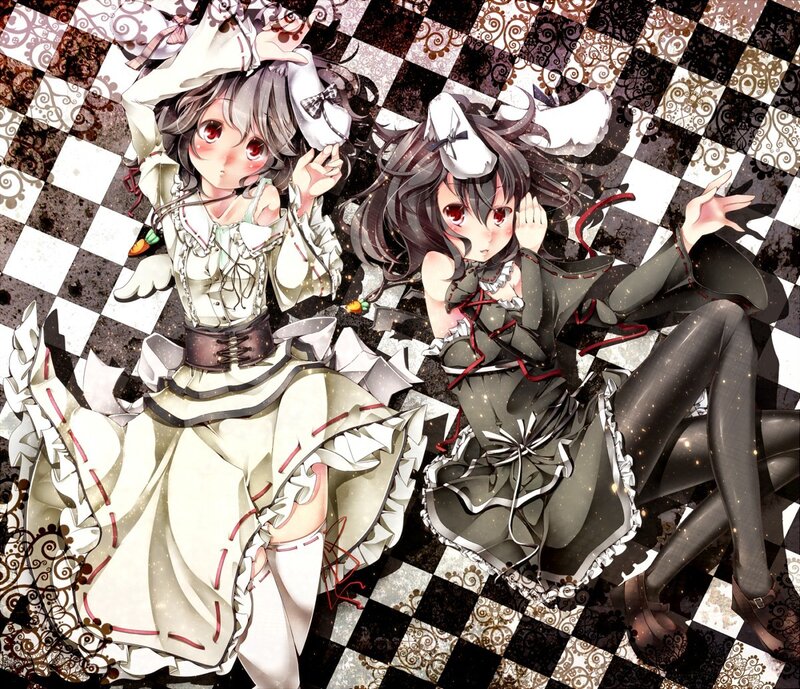 Two anime girls on a checkered floor