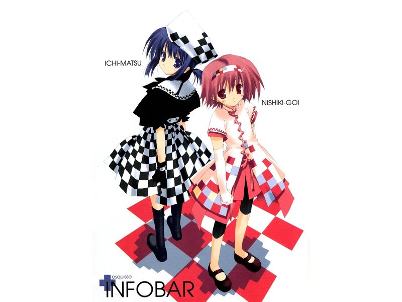 Two anime girls on a checkered floor