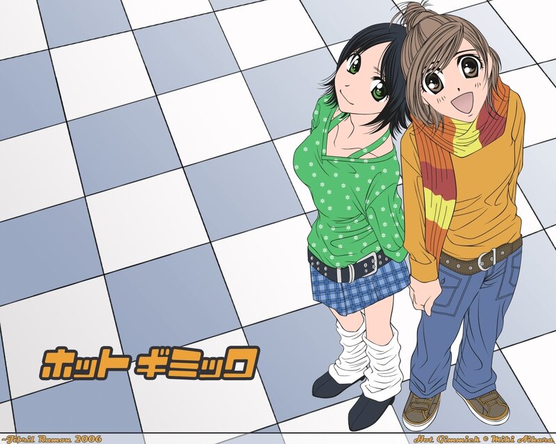 Two anime girls on a checkered floor