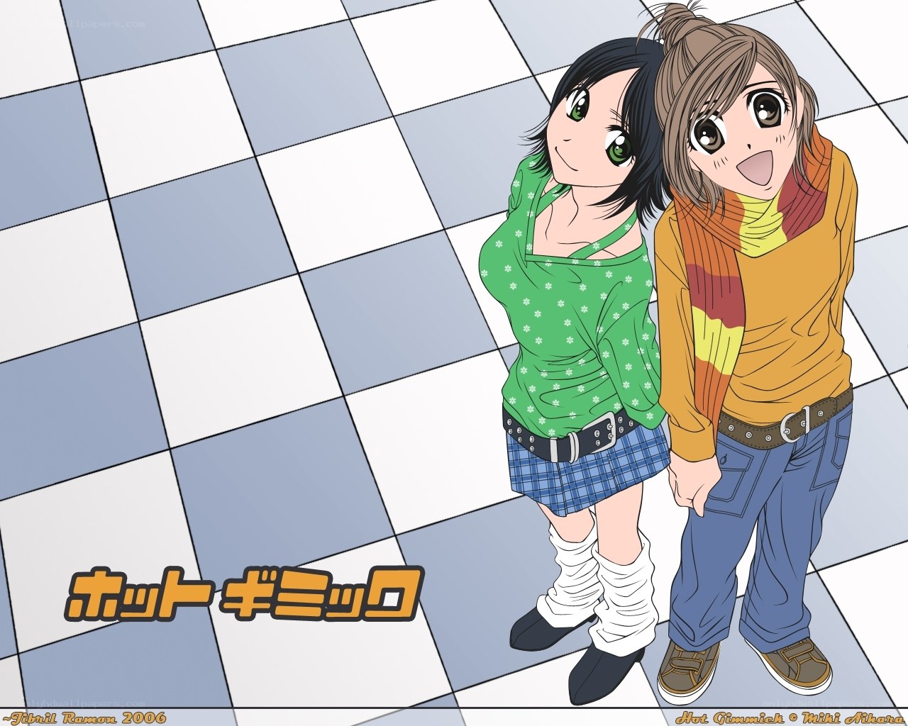 Two anime girls on a checkered floor