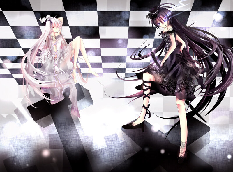 Two anime girls on a checkered stage