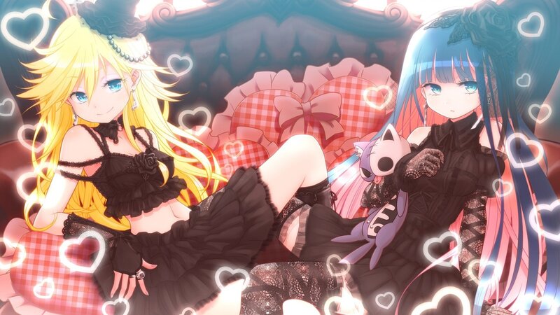 Two Anime Girls on a Couch — Black, Playful, Hearts, Cat