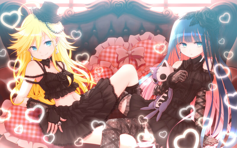 Two Anime Girls on a Couch — Black, Playful