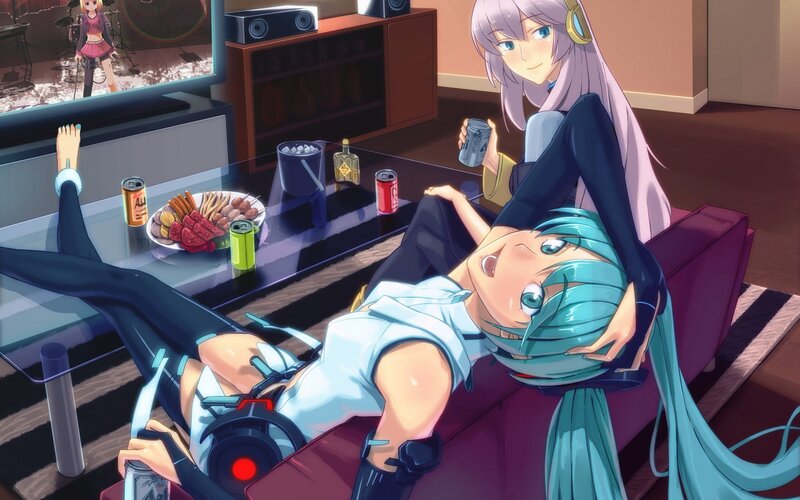 Two Anime Girls on a Couch — Blue, Relaxed