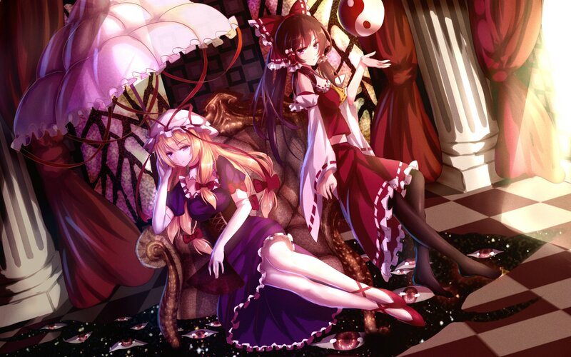 Two Anime Girls on a Couch — Purple, Dramatic, Umbrella