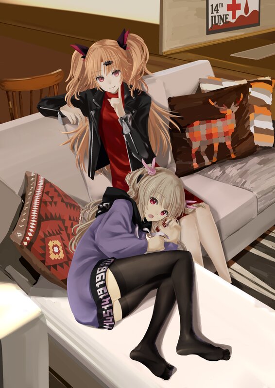 Two Anime Girls on a Couch — White