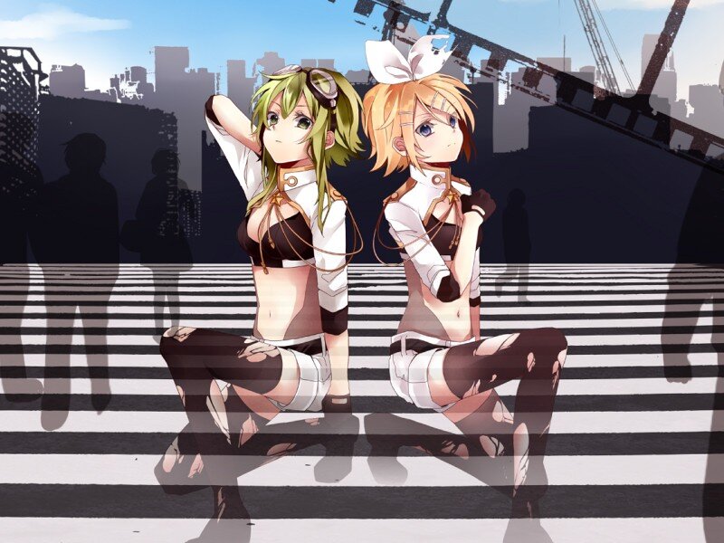 Two anime girls on a crosswalk