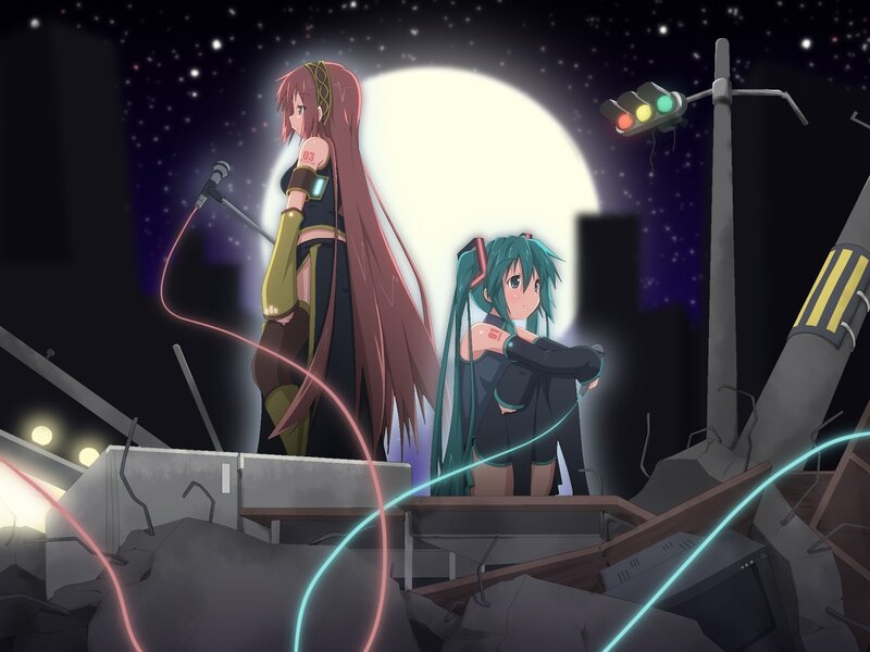 Two anime girls on a ruined stage