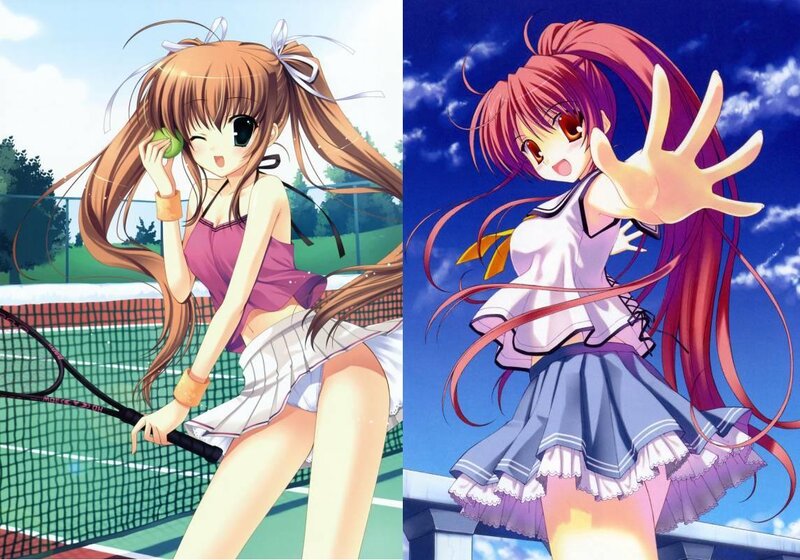 Two anime girls on a tennis court