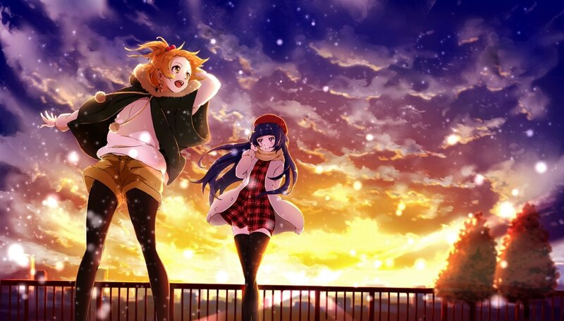 Two Anime Girls on Balcony — Purple, Dramatic