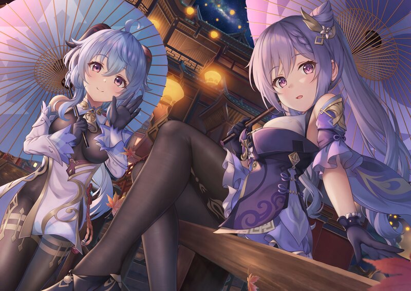 Two Anime Girls on Balcony — Purple, Serene, Night, Digital Art