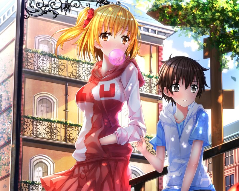 Two Anime Girls on Balcony — Red