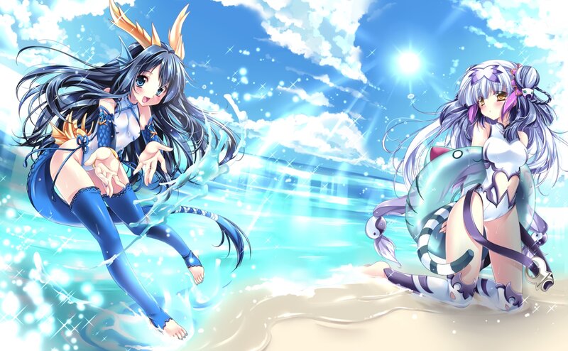 Two Anime Girls on Beach — Blue, Bright