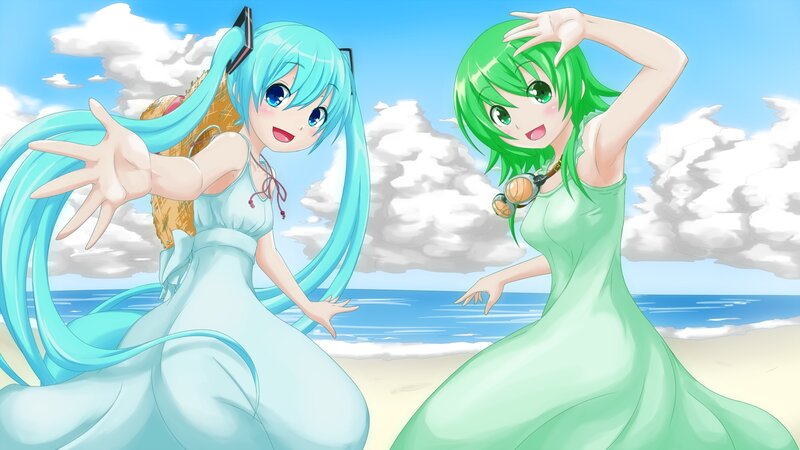 Two Anime Girls on Beach — Blue, Cheerful