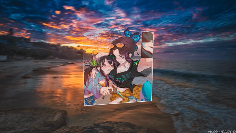Two Anime Girls on Beach — Blue, Dramatic, Sunset