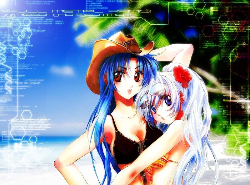 Two Anime Girls on Beach — Blue, Relaxed, Summer, Cowboy Hat, Palm Trees