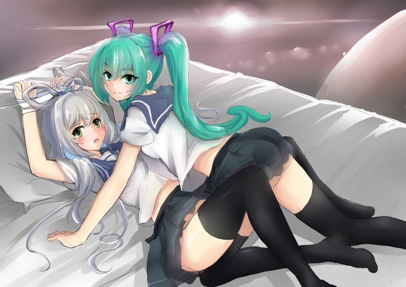 Two Anime Girls on Bed — Green, Calm