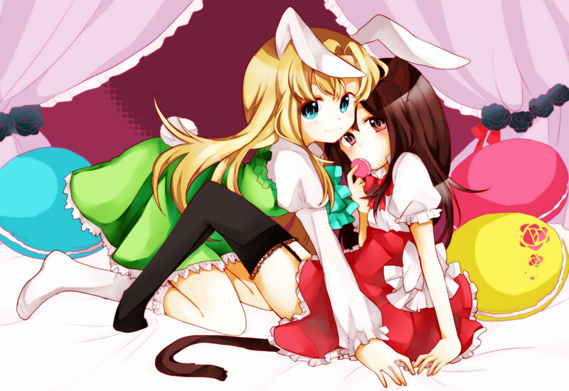 Two Anime Girls on Bed — Pink, Playful