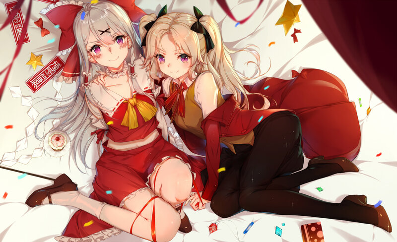 Two Anime Girls on Bed — Red, Festive