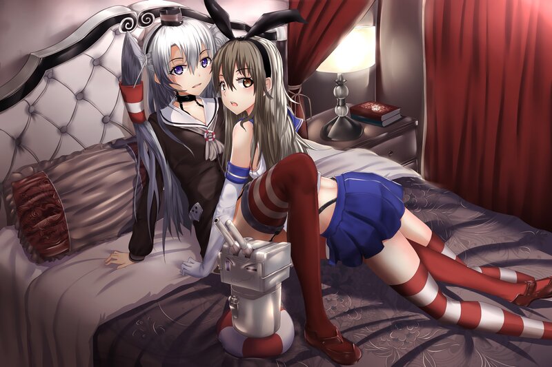 Two Anime Girls on Bed — Red, Intimate