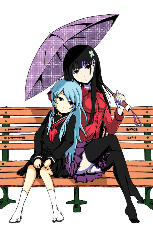 Two Anime Girls on Bench — Purple