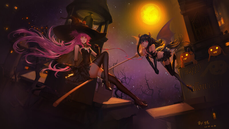 Two Anime Girls on Brooms — Purple