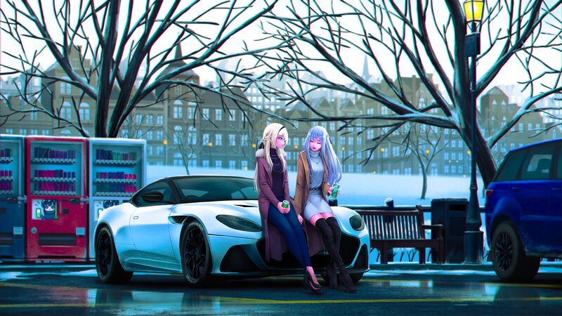 Two Anime Girls on Car — Blue