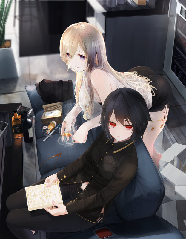 Two Anime Girls on Couch — Black, Calm