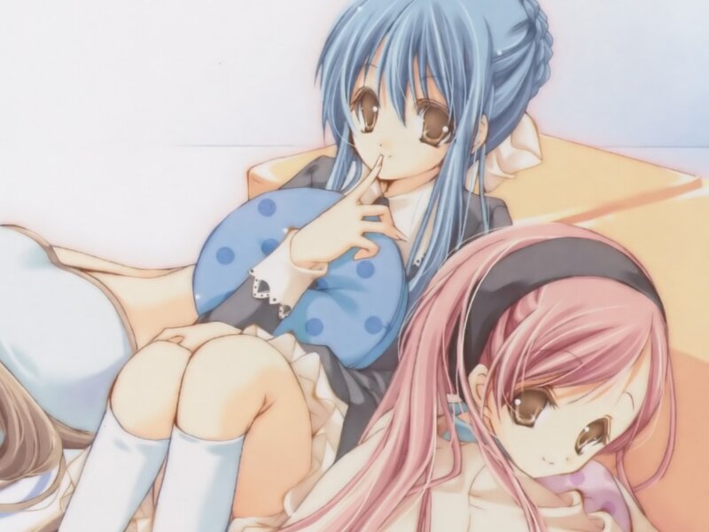 Two Anime Girls on Couch — Blue, Calm