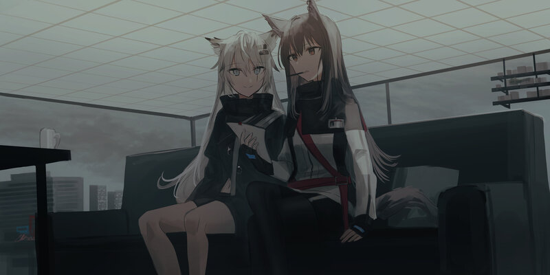 Two Anime Girls on Couch — Gray, Calm