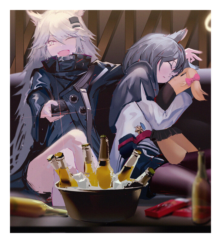 Two Anime Girls on Couch — Gray