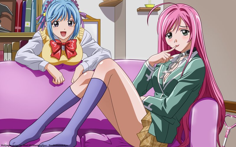 Two Anime Girls on Couch — Pink, Relaxed, Bookshelf