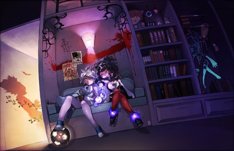 Two Anime Girls on Couch — Purple, Dark