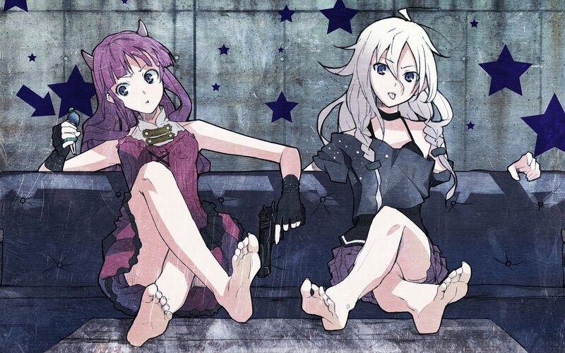 Two Anime Girls on Couch — Purple, Dramatic, Guns
