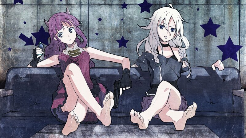 Two Anime Girls on Couch — Purple, Dramatic, Night