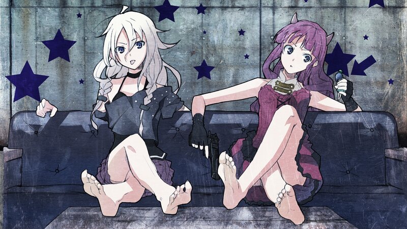 Two Anime Girls on Couch — Purple, Dramatic, Stars, Guns