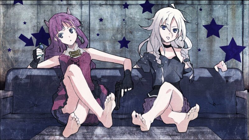 Two Anime Girls on Couch — Purple, Dramatic, Stars