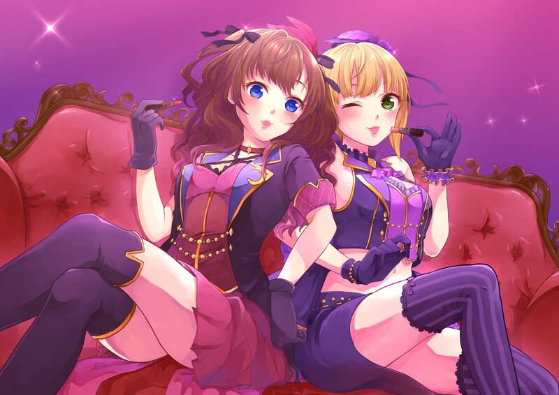 Two Anime Girls on Couch — Purple, Playful
