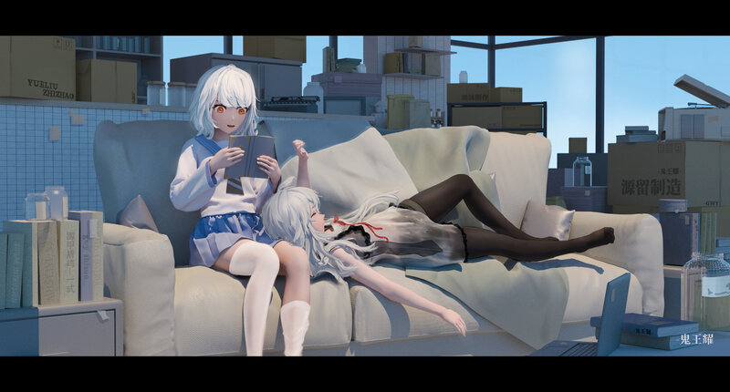 Two Anime Girls on Couch — White, Calm