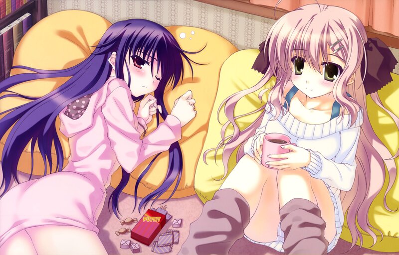 Two Anime Girls on Couch — Yellow, Relaxed, Night