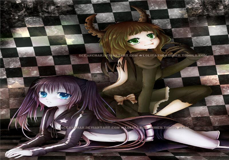 Two Anime Girls on Floor — Black, Dramatic