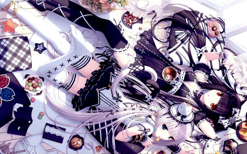 Two Anime Girls on Floor — Black, Playful, Candy