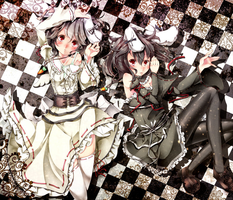 Two Anime Girls on Floor — Black, Playful