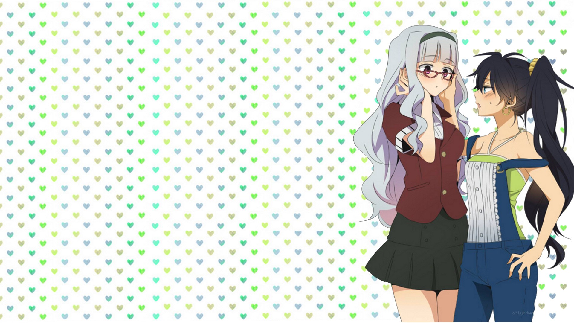 two anime girls on heart background