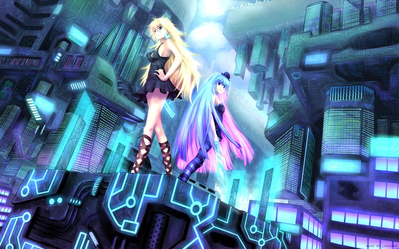 Two Anime Girls on Platform — Blue, Futuristic